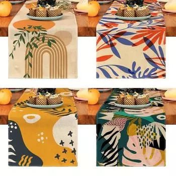 Simple Plant Printed Linen Table Runners Bohemia Dresser Scarf Table Decor Reusable Holiday Home Party Kitchen Dining Room Decor 150x33cm 59x13inch
