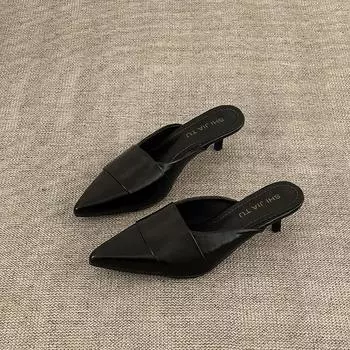 Simple pointed head high heel bag head half slippers women s summer fashion versatile casual wear solid color thin heel cool slippers 35