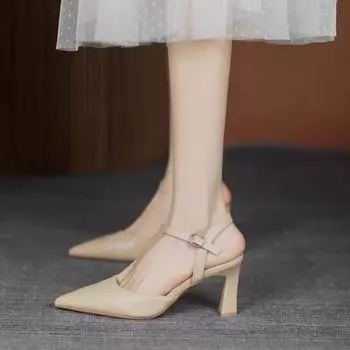 Simple pointed head small thick heel high heels women s new fashion with skirt lady style niche sandals summer 34 абрикосовый