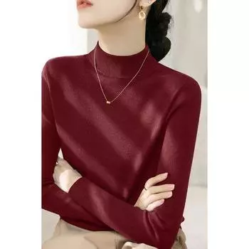 Simple Pullover Fashion Long sleeve Versatile Slim fit Knit Women clothes Spring New Half-high Collar Sweater Inner wear Top Burgundy M