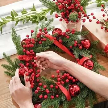 Simple Red Fruit Christmas Decoration Simulation Flower Garland Gift Flower DIY Christmas Tree Arrangement 1/3Pcs Berry Branches Decor 1Pcs
