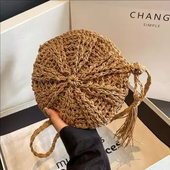 Simple Round Fringed Messenger Straw Bag Women S Handwoven Summer Beach Vacation Shoulder Bag хаки