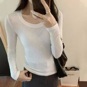 Простая футболка с круглым вырезом, рубчик, эластичная, облегающая, с длинным рукавом, женская, осенне-зимняя, новая, базовая, трикотажный топ S
