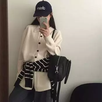 Simple shirt collar single-breasted knitted cardigan women s autumn and winter new sweater jacket thin versatile top One size