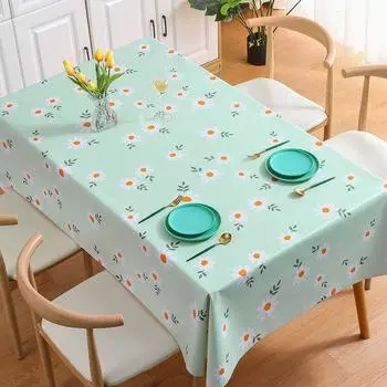 Simple, Small And Fresh Pvc Tablecloth, Waterproof, Oil-Proof And Anti-Scalding Coffee Table Cloth, Wind Tablecloth, Small Daisy Elegant Green 120*120cm