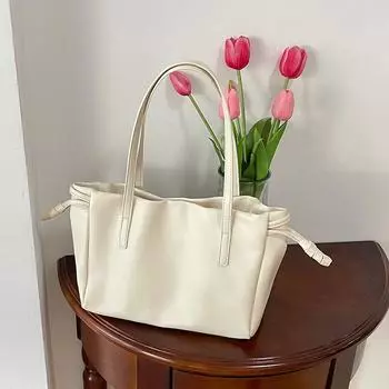 Simple Soft Leather Tote Bag Women French Style Commute Drawstring Shoulder Underarm Pack Large Capacity Handbag (20cm<Max Length<30cm)
