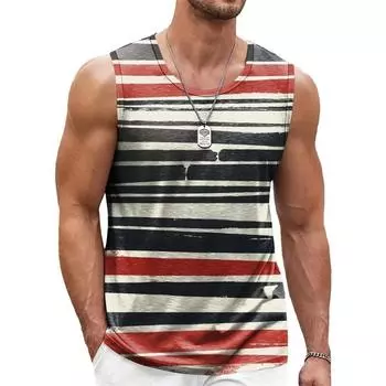 Simple striped 3D printed men s vest fashionable summer sleeveless casual sports vest round neck breathable oversized T-shirt S