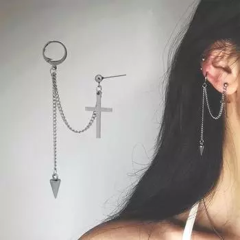 Simple Temperament Fashion Длинные серьги-кресты Геометрические клипсы Интегрированные двойные отверстия для ушей Конические серьги серебряный