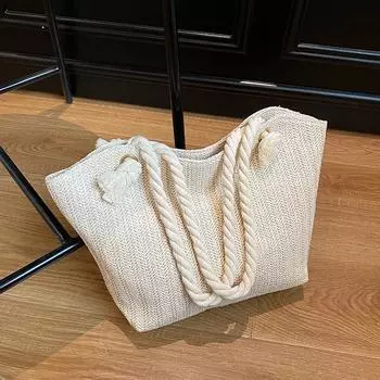 Simple Vacation Style Straw Tote Woven Solid Color Large Capacity Handbag for Women Travel & Shopping 26x9.5x26.5cm бежевый
