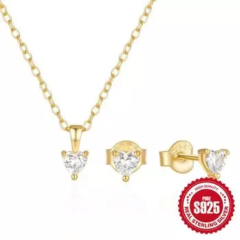 Simple Wind S925 Sterling Silver Heart Earrings/Necklace Set Clavicle Chain Jewelry Set Jewelry Set 925 Silver