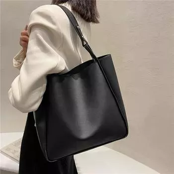 Simple Women Bucket Shoulder Bags New Solid Color Handbags Retro Large Capacity Tote Bags Large Capacity PU Leather Bags
