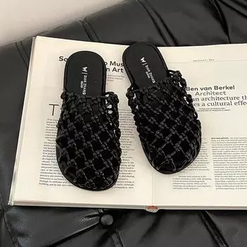 Simple woven hollow bag head half slippers retro women s summer new versatile outer beach shoes 35