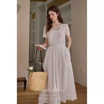 Simpleretro Gardenia Poetry Sequence Relaxation Artistic Heavy Embroidery Cotton French style Dress Women Small White Skirts White XS