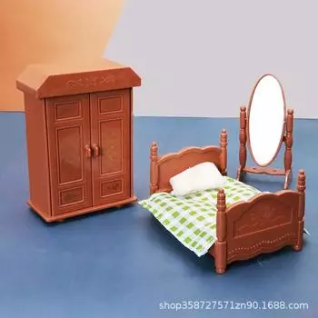 Simulation Cute Mini Playhouse Bedroom Bed Changing Clothes Mirror Clothes Cabinet Playhouse Model Small Ornament Children S Toys