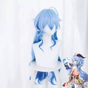 Simulation Scalp Ganyu Cosplay Wig Game Genshin Impact Gan Yu Gradient Blue Heat Resistant Synthetic Hair Wigs + WigCap + Horns One Size