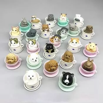 Simulation Teacup Cat and Dog Mini Animal Model Miniature Landscape Decoration Bonsai Decoration Gift Toy Cake Decoration Figure A