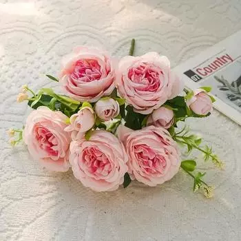 Симуляция 5 больших головок 4 маленьких бутона Розовый букет из шелка Пион Искусственный цветок Свадебный Свадебный Домашнее украшение Букет 1PC