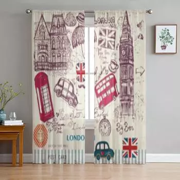 Символы Лондона Прозрачные шторы для гостиной Прозрачный тюль Оконные украшения Спальня Кухня Домашний декор Вуаль Шторы 135W x 114H(cm)