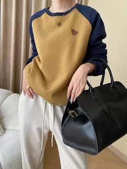 Sinan American Casual Contrast Reglan Sleeves Embroidered Love Round Neck Loose Plus Velvet Sweatshirt SN4752 One Size жёлтый/имбирный