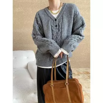 Sinan Европейский мягкий вязаный свитер с V-образным вырезом и пуговицами SN6773 One Size хаки