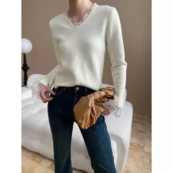 Синан французский бархат кружевной трикотажный свитер с V-образным вырезом SN6973 One Size