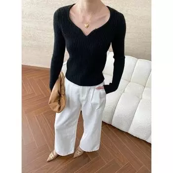 Синан французский винтажный высококачественный ребристый свитер с V-образным вырезом SN6561 One Size красный