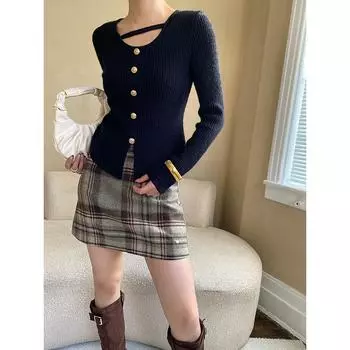 Синан французский золотой пуговиц разрезной свитер Slim Fit - SN6908 One Size