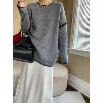 Синан Контрастный цветной дизайн Сплит-дизайн Сшитый вручную круглый вырез свободный свитер (SN6943) One Size абрикосовый