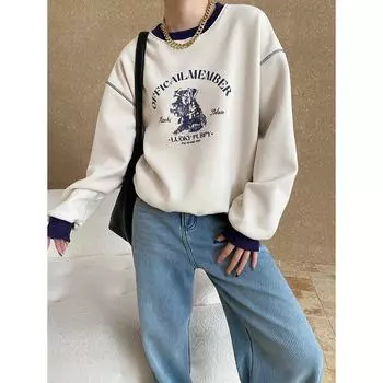 Синан Контрастный цветной принт с изображением собаки, свободный крой, круглый вырез, рукава с заниженной линией плеча, плюс бархат (Модель SN6777) One Size тёмно-синий