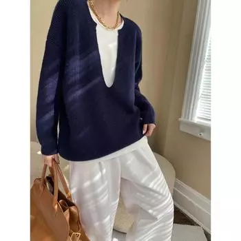 Синан Лаоцянь Элегантный французский стиль глубокий V-образный вырез контрастный двухсекционный трикотажный свитер SN6927 One Size тёмно-синий