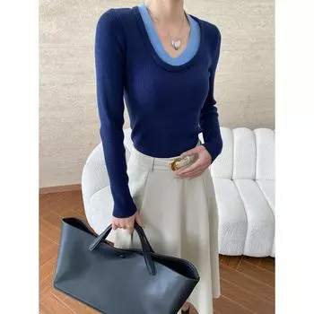 Sinan Повседневный U-образный вырез контрастного цвета из двух частей тонкий трикотажный свитер (SN6633) One Size чёрный