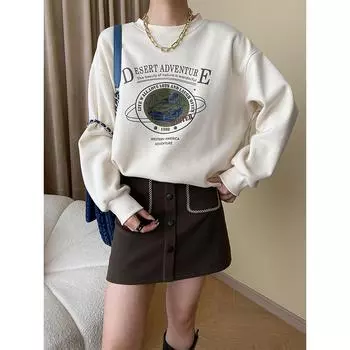 Sinan Ретро Контрастный Принт Повседневный Свободный Плюс Бархатный Свитер SN4610 One Size