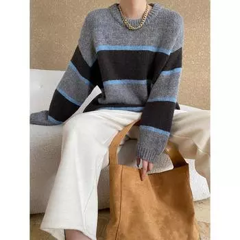 Синан ретро полосатый свободный свитер SN6772 One Size бежевый