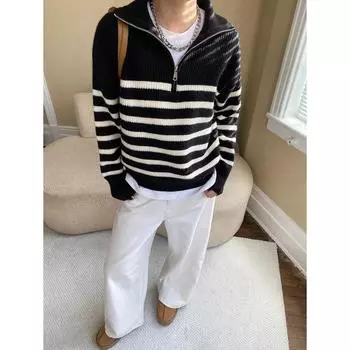 Sinan Retro Striped Half-Zip Lapel Sweater SN6942 One Size