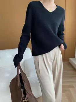 Sinan SN6156 Полностью шерстяной свитер свободного кроя с V-образным вырезом - Коллекция осень/зима 2024 2XL