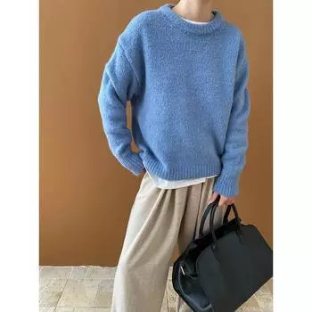 Sinan SN6384 Осенний свободный вязаный свитер свободного кроя - однотонный, круглый вырез, повседневный стиль One Size абрикосовый/кремовый