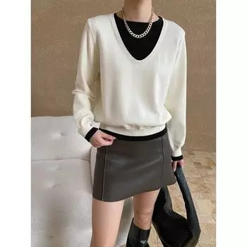 Sinan Стильный контрастный цветной приталенный свитер из двух частей SN6763 One Size грязно-белый