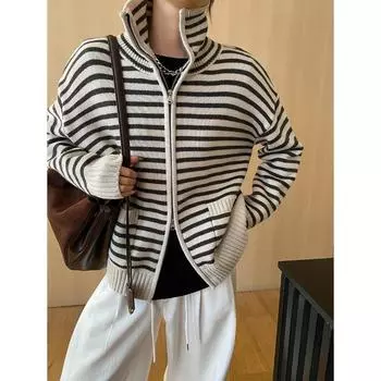 Sinan Стильный полосатый свитер-кардиган с двойной молнией и высоким воротником (SN6854) One Size серый