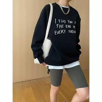 Синан Свободный стиль блогера Американский акцент Рукав реглан Боковая молния Повседневный Плюс Бархатный свитер SN6837 One Size чёрный