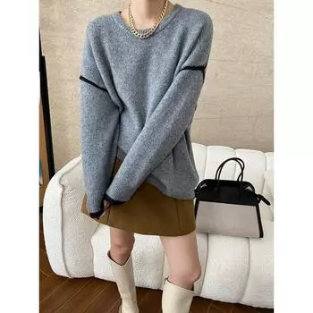 Синан, свободный свитер-пуловер контрастного цвета во французском стиле SN6754 One Size абрикосовый