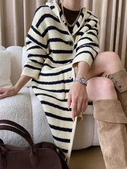 Синан Высококачественная полосатая куртка-кардиган с капюшоном французской вязки SN4546 One Size чёрный