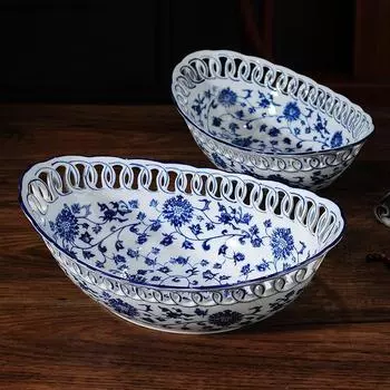 Сине-белая керамическая тарелка для фруктов в китайском стиле, обеденная тарелка в форме слитка, поднос для напитков, поднос для закусок, салатница, фруктовое блюдо
