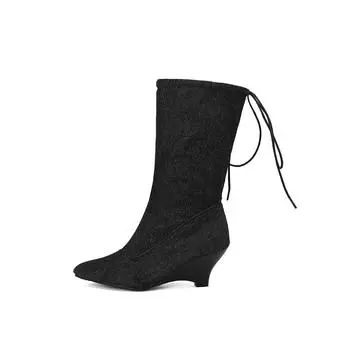 Сине-черные женские сапоги до середины икры на высоком каблуке, большой размер 48 34 синий