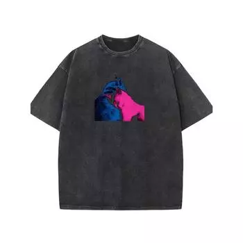 Сине-розовые кошки Графическое искусство Мужская винтажная футболка с коротким рукавом и круглым вырезом Удобный топ из чистого хлопка Универсальная футболка S