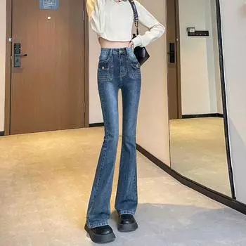 Сине-серые микро-длинные брюки, эластичные, узкие, с высокой талией, прямые, расклешенные брюки S сине серый