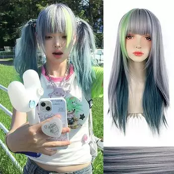 Сине-зеленые пряди WTB Синтетический парик с прямыми прядями Женская мода Стиль Y2K Прямая челка Лолита Длинный прямой прядь с прядями Окрашенный парик 65cm