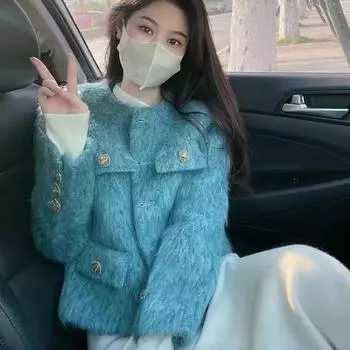 Синее элегантное женское пальто осень-зима новое искусственное норковое свободное утолщенное верхнее пальто S синий