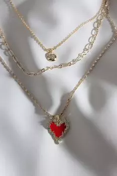 Синее эмалированное колье-цепочка золотого цвета с пылающим сердцем из трех частей