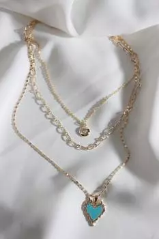 Синее эмалированное колье-цепочка золотого цвета с пылающим сердцем из трех частей