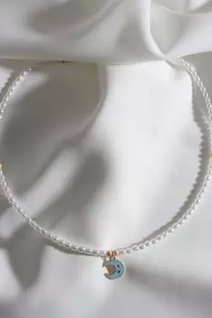 Синее эмалированное жемчужное ожерелье с подвеской в виде луны